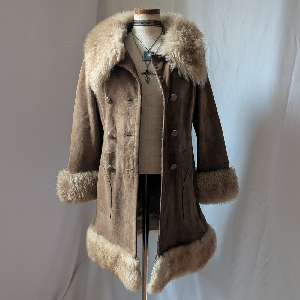 70s Vintage Brown Suede Penny Lane Coat M Tan Leather Fur Boho Afghan Jacket